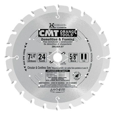 CMT ORANGE TOOLS Demolition and Rescue Saw Blade and 714Inch by 24 Teeth TCG Grind with 58Inch Bore 286.024.07